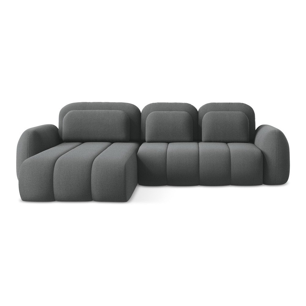 Ciemnoszary rozkładany narożnik z materiału bouclé ze schowkiem (lewostronny/z szezlongiem) Pele – Makamii