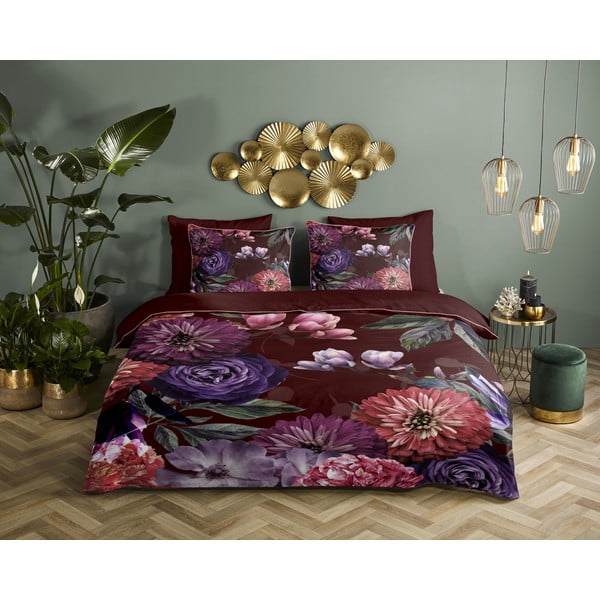 Bordowa pościel jednoosobowa z bawełny organicznej Descanso Gerbera, 140x220 cm-image-1