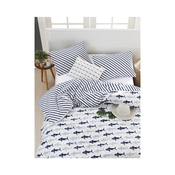 Pościel dwuosobowa z prześcieradłem z bawełny ranforce Mijolnir Shark Dark Blue & White, 200x220 cm