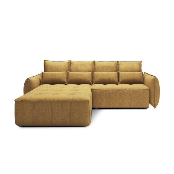 Żółty aksamitny rozkładany/ze schowkiem narożnik (lewostronny/z szezlongiem) Campo – ELTAP