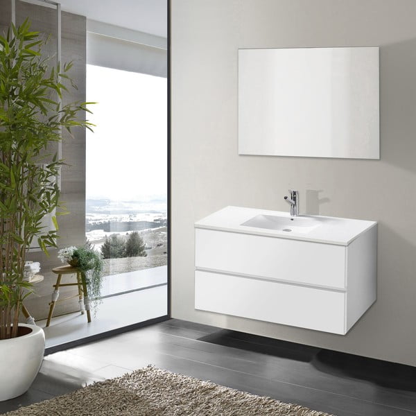 Szafka do łazienki z umywalką i lustrem Flopy, odcień bieli, 80 cm