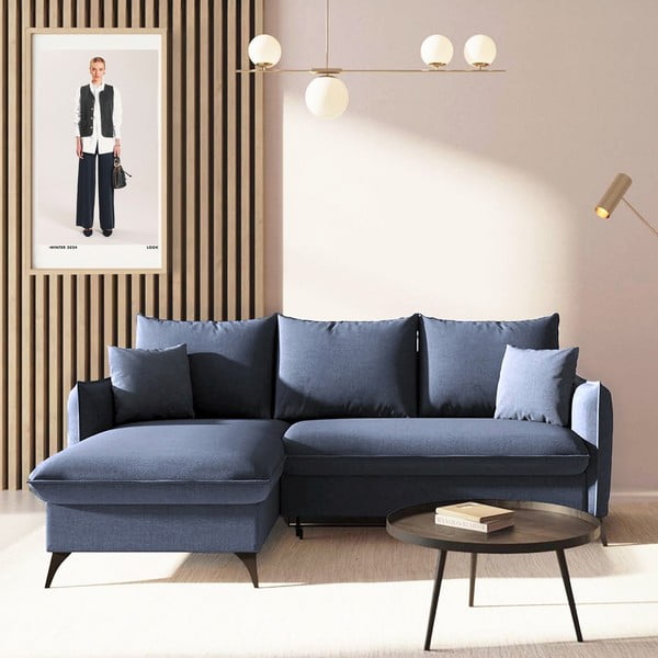 Niebieski rozkładany narożnik ze schowkiem (lewostronny/z szezlongiem) Brim – Rodier-image-1