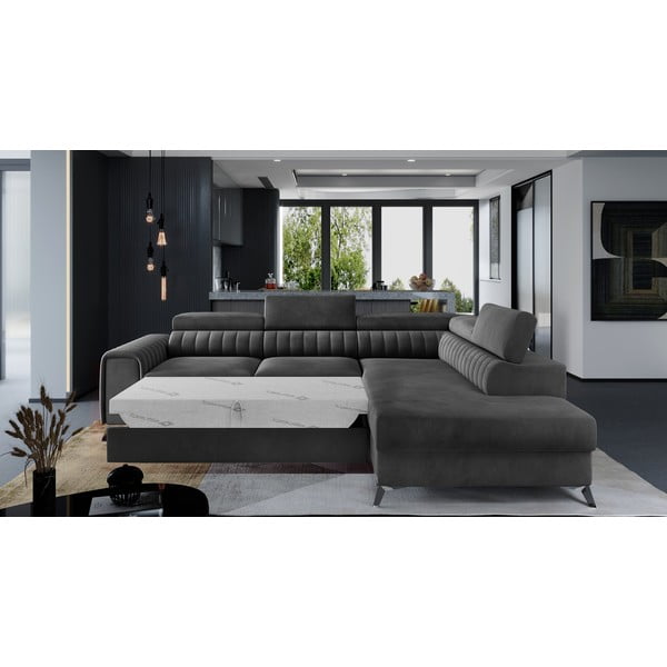 Ciemnoszary aksamitny rozkładany/ze schowkiem narożnik (prawostronny/w kształcie litery L) Laurence – ELTAP-image-2