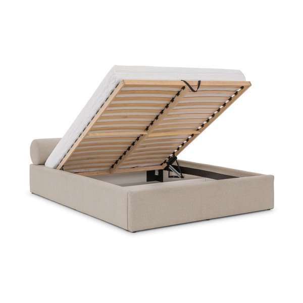 Beżowe tapicerowane łóżko dwuosobowe ze schowkiem i stelażem 140x200 cm Cille – Ropez-image-2