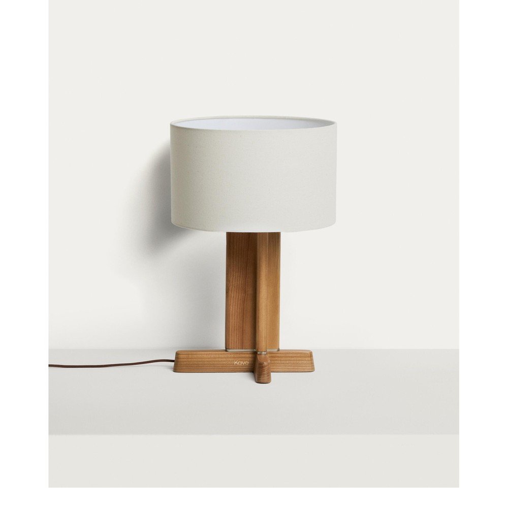 Biała/brązowa lampa stołowa z litego drewna kauczukowego z tekstylnym kloszem (wysokość 48 cm) Niani – Kave Home (zdjęcie 6)