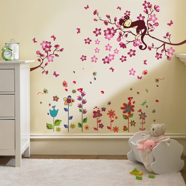Naklejka na ścianę Walplus Colorful Flower with Pink Monkey