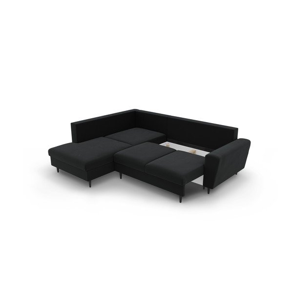 Czarny aksamitny rozkładany narożnik ze schowkiem (lewostronny/w kształcie litery L) Kyoto – Cosmopolitan Design-image-3