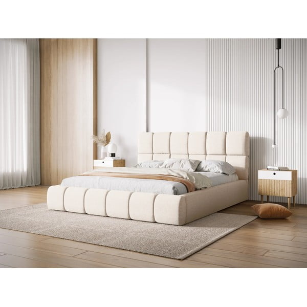 Kremowe tapicerowane łóżko dwuosobowe ze schowkiem ze stelażem 200x200 cm Bellis – Micadoni Home-image-1