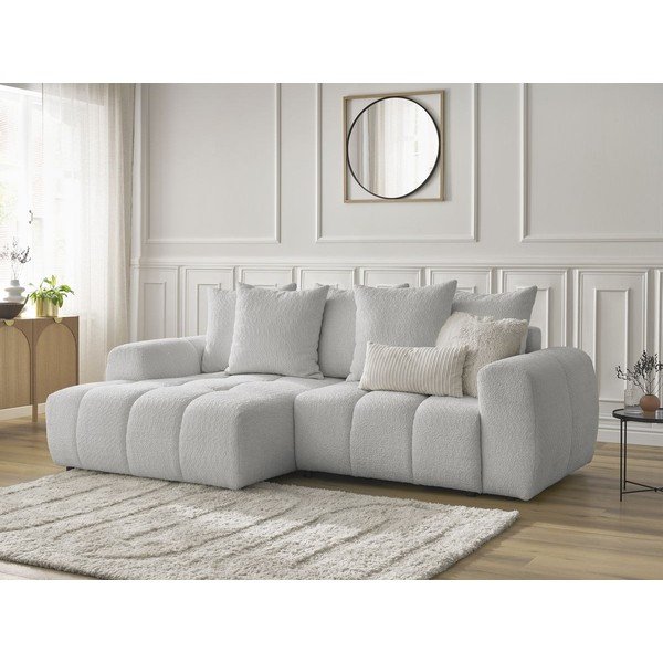 Jasnoszary rozkładany narożnik z materiału bouclé ze schowkiem (lewostronny/z szezlongiem) Roxelane – Bobochic Paris-image-3