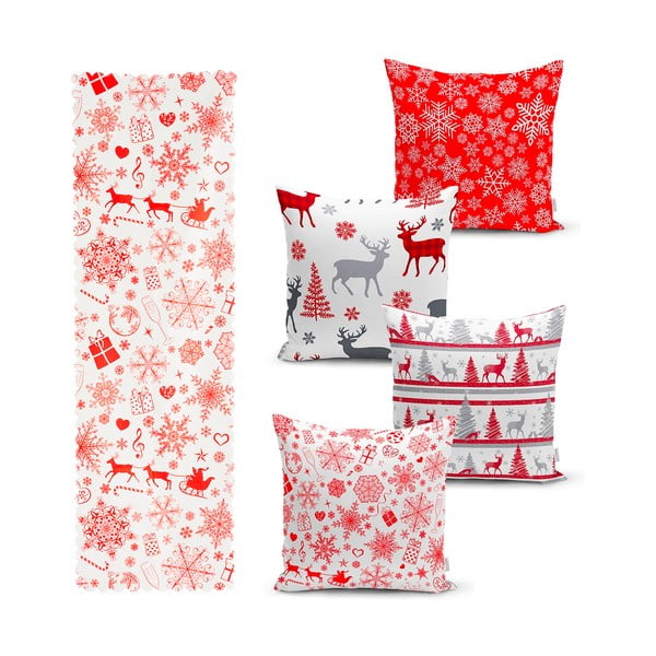 Zestaw 4 świątecznych poszewek na poduszki i bieżnika Minimalist Cushion Covers Red Snowflake