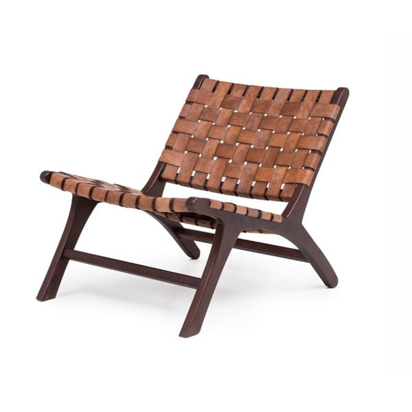 Ciemnobrązowy fotel z drewna tekowego i skóry wołowej WOOX LIVING Ginevra
