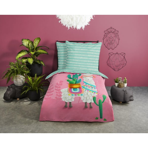 Różowo-turkusowa bawełniana pościel dziecięca jednoosobowa 140x200 cm Lalama – Good Morning-image-1