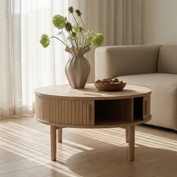 Okrągły stolik w dekorze dębu w jasnym naturalnym kolorze ø 85 cm Meta – Unique Furniture-image-1