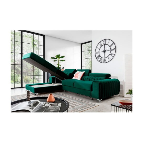 Zielony aksamitny rozkładany/ze schowkiem narożnik (lewostronny/z szezlongiem) Grayson – ELTAP-image-3