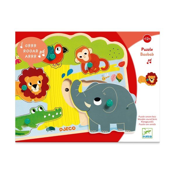 Drewniane puzzle wkładane dla dzieci z motywem zwierząt dżungli z dźwiękiem Djeco-image-2