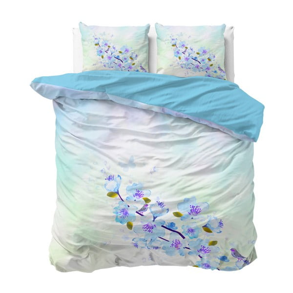 Niebieska bawełniana pościel dwuosobowa Sleeptime Sweet Flowers, 200x220 cm