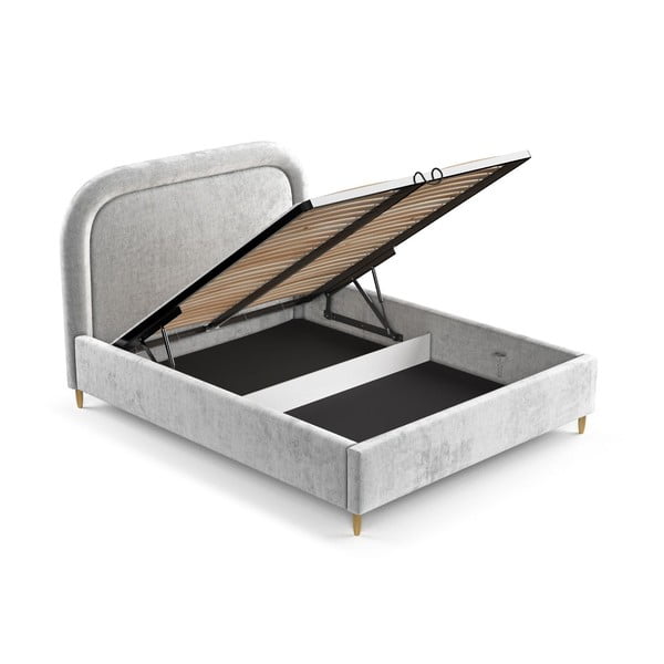 Jasnoszare tapicerowane łóżko dwuosobowe ze schowkiem i stelażem 140x200 cm Mija – Maison de Rêve-image-2