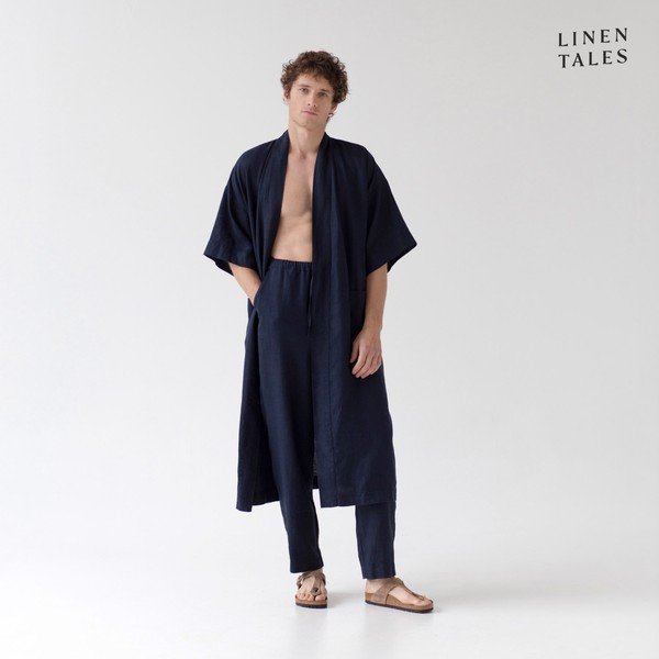 Ciemnoniebieski lniany szlafrok w rozmiarze S/M Summer – Linen Tales-image-4