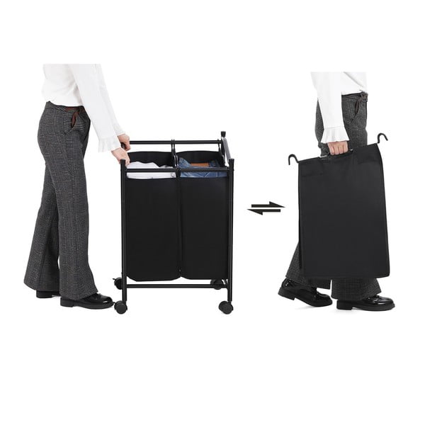 Czarny kosz na pranie na kółkach z 2 segmentami Songmics-image-3