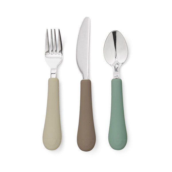 Brązowo-beżowe sztućce dla dzieci z silikonu 3 szt. Olive Mix – Cam Cam Copenhagen