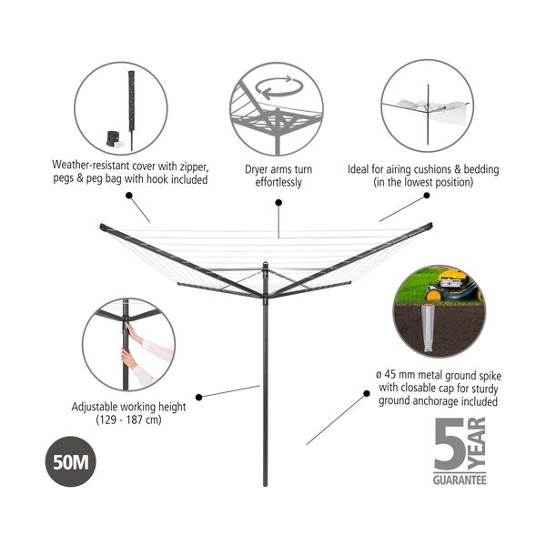 Antracytowa ogrodowa suszarka na pranie 50 m Lift-O-Matic – Brabantia-image-4