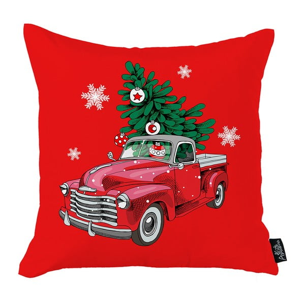 Czerwona poszewka na poduszkę ze świątecznym motywem Mike & Co. NEW YORK Honey Christmas Car and Tree, 45x45 cm