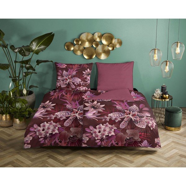 Bordowa pościel jednoosobowa z bawełny organicznej Descanso Orchid, 140x200 cm-image-1