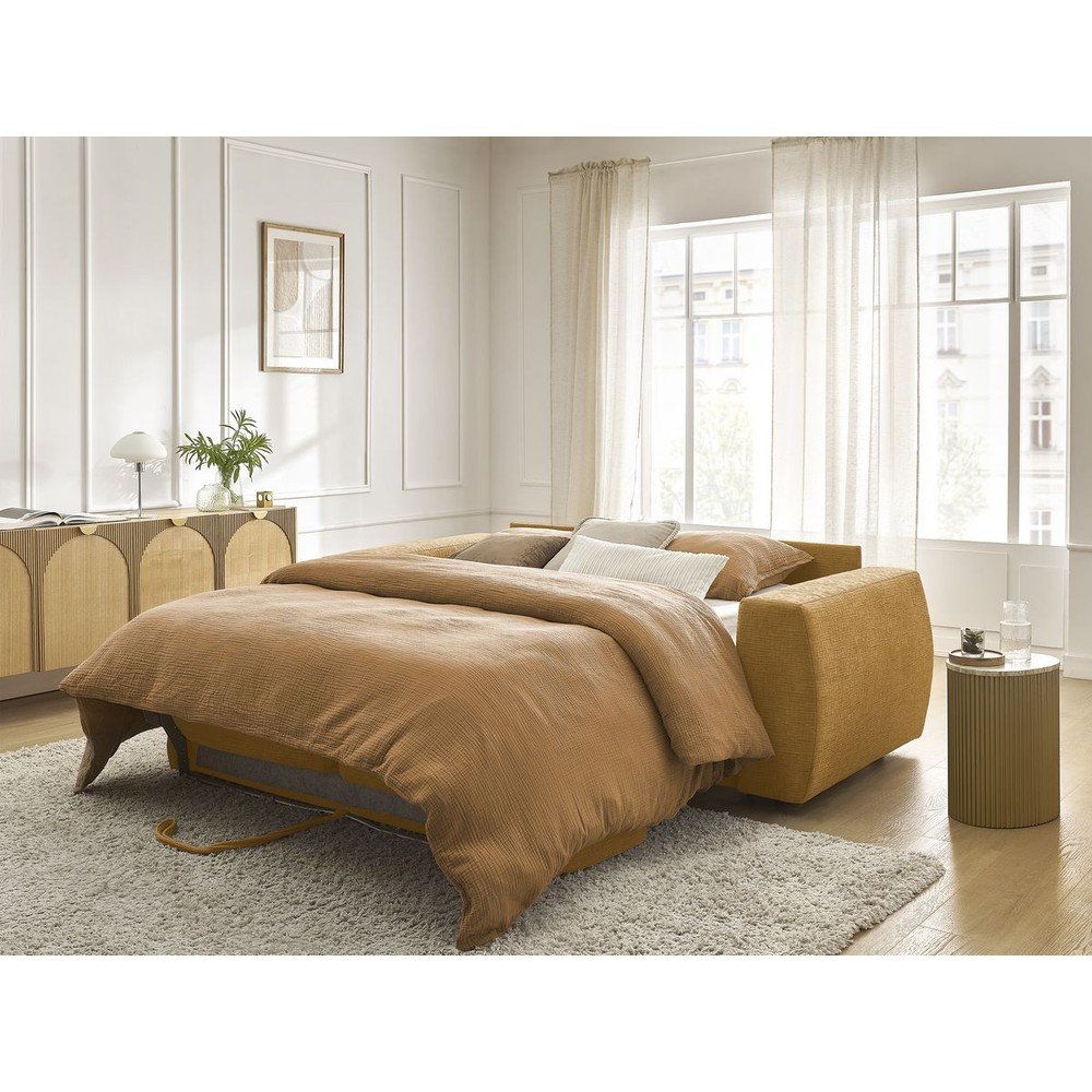 Musztardowa rozkładana sofa do spania z tkaniny szenilowej 220 cm Hugo – Bobochic Paris (zdjęcie 3)