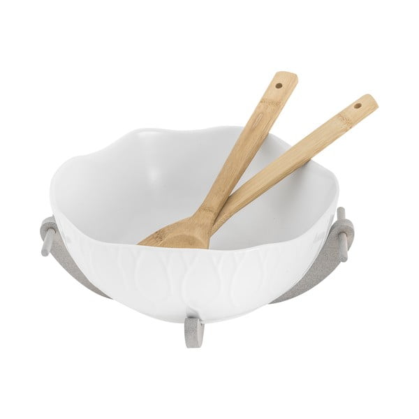 Zestaw białej kamionkowej misy do sałatek i bambusowych sztućców Villa Altachiara Yin&Yang
