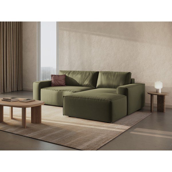 Zielony aksamitny rozkładany/ze schowkiem narożnik (prawostronny/z szezlongiem) Jodie – Micadoni -image-2