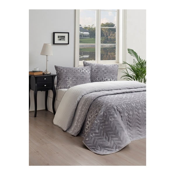 Zestaw bawełnianej narzuty na łóżko i 2 poszewek na poduszki EnLora Home Twed Grey, 200x220 cm
