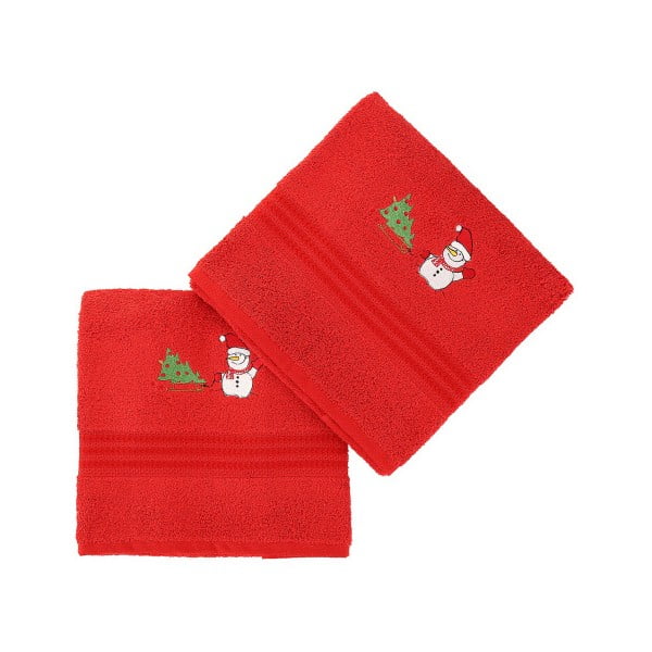 Zestaw 2 czerwonych świątecznych ręczników Snowy, 70x140 cm