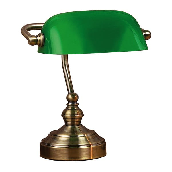 Zielona lampa stołowa z podstawą w kolorze mosiądzu Markslöjd Bankers, wys. 25 cm