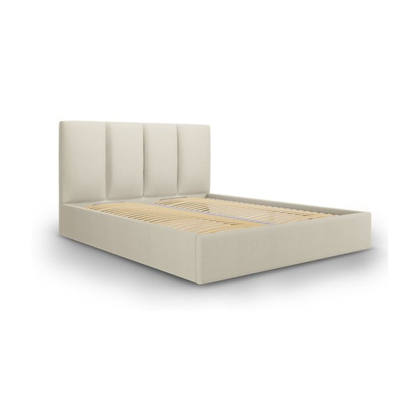 Beżowe tapicerowane łóżko dwuosobowe ze schowkiem ze stelażem 180x200 cm Juniper – Mazzini Beds