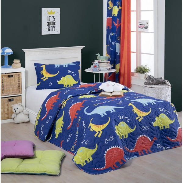 Zestaw narzuty na łóżko i poszewki na poduszkę z domieszką bawełny Eponj Home Dinazorus Blue, 160x220 cm