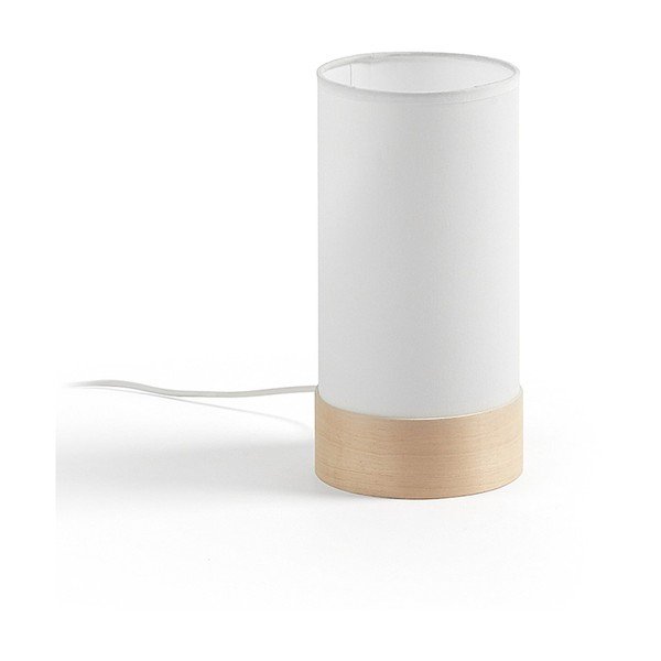 Biało-naturalna lampa stołowa z litego drewna bukowego z tekstylnym kloszem (wysokość 26 cm) Slat – Kave Home
