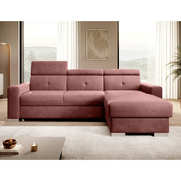 Różowy aksamitny rozkładany/ze schowkiem narożnik (prawostronny/z szezlongiem) Fresia – ELTAP-image-1