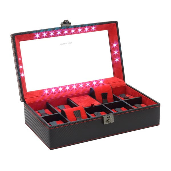 Czarno-czerwona szkatułka z oświetleniem LED na 9 zegarków Friedrich Lederwaren Carbon