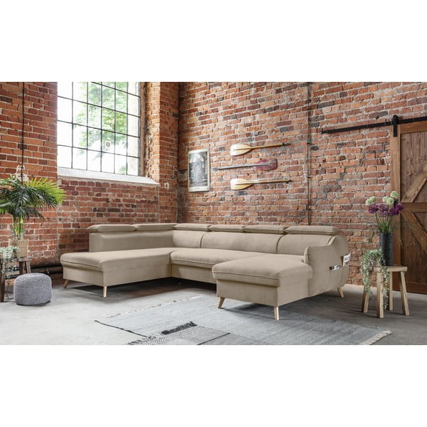 Beżowy aksamitny rozkładany narożnik (lewostronny/w kształcie litery U) Sweet Harmony – Miuform-image-4