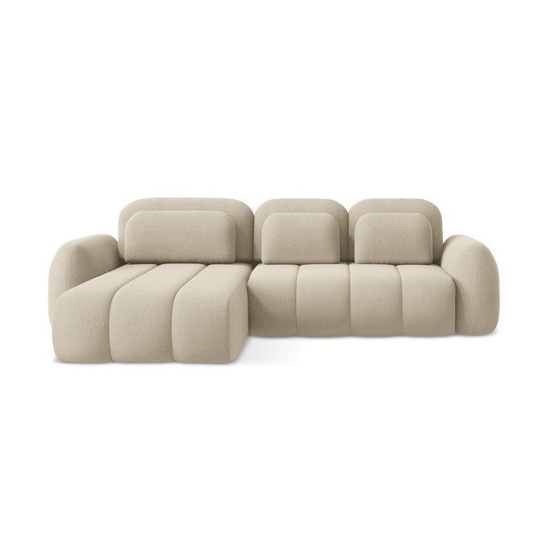 Jasnobrązowy rozkładany narożnik z materiału bouclé ze schowkiem (lewostronny/z szezlongiem) Pele – Makamii