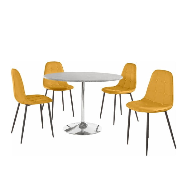 Zestaw okrągłego stołu i 4 żołtych krzeseł Støraa Terri Concrete