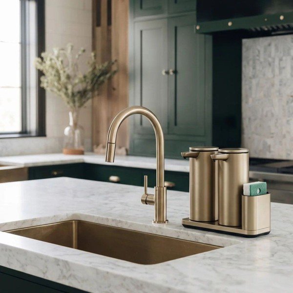 Automatyczny metalowy stojak na akcesoria do mycia naczyń w kolorze matowego złota – simplehuman-image-1