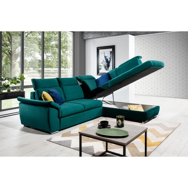 Zielony aksamitny rozkładany/ze schowkiem narożnik (prawostronny/w kształcie litery L) Loreto – ELTAP-image-2