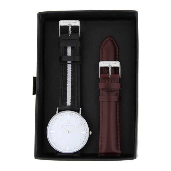 Komplet czarnych zegarków męskich z paskami Black Oak Stripe White 