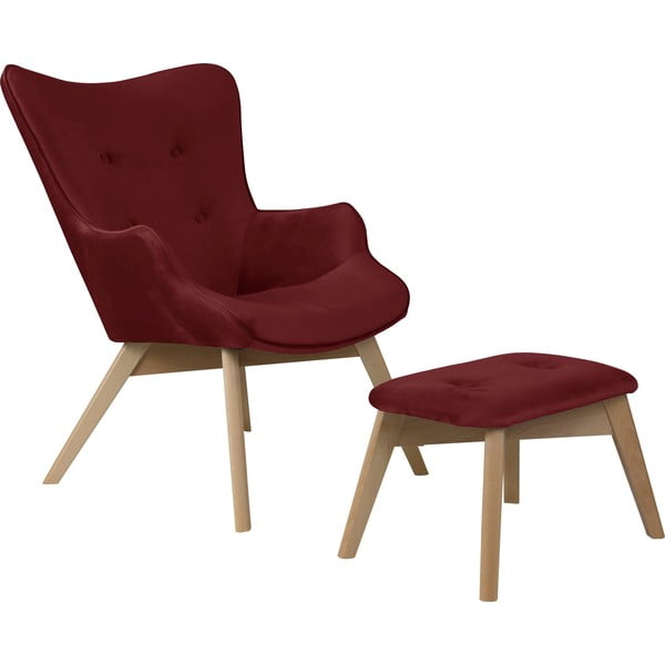 Czerwony aksamitny fotel z podnóżkiem Niko – Ropez