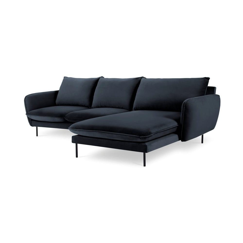Ciemnoniebieska narożna aksamitna sofa prawostronna Cosmopolitan Design Vienna