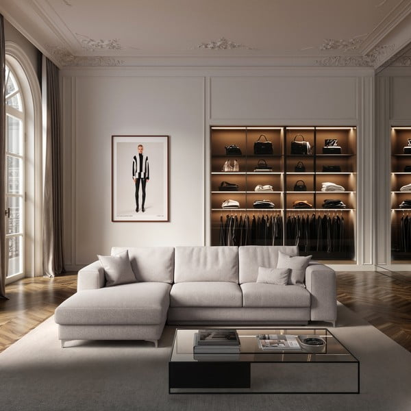 Jasnoszary rozkładany narożnik ze schowkiem z materiału bouclé (lewostronny/z szezlongiem) Rene – Rodier-image-1