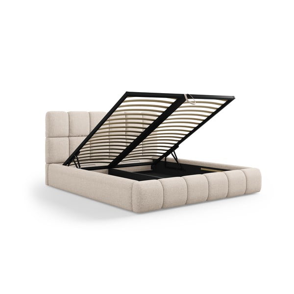Beżowe tapicerowane łóżko dwuosobowe ze schowkiem ze stelażem 160x200 cm Bellis – Micadoni Home-image-2