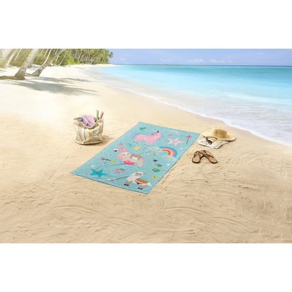 Niebieski aksamitny ręcznik plażowy dla dzieci 75x150 cm Moody – Good Morning-image-1