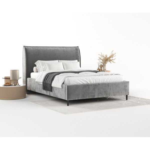 Szare tapicerowane łóżko dwuosobowe ze schowkiem i stelażem 140x200 cm Shell – Maison de Rêve-image-1